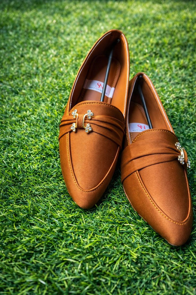 Copper Satin Pointed-Toe Loafers for Women