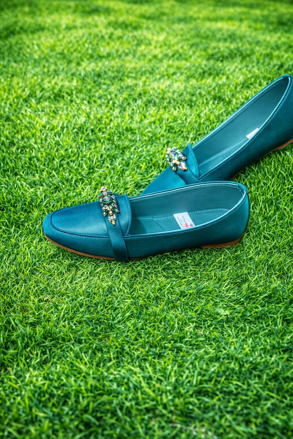 Pointed-Toe Slip-On Flats with Gold Rhinestone Buckle