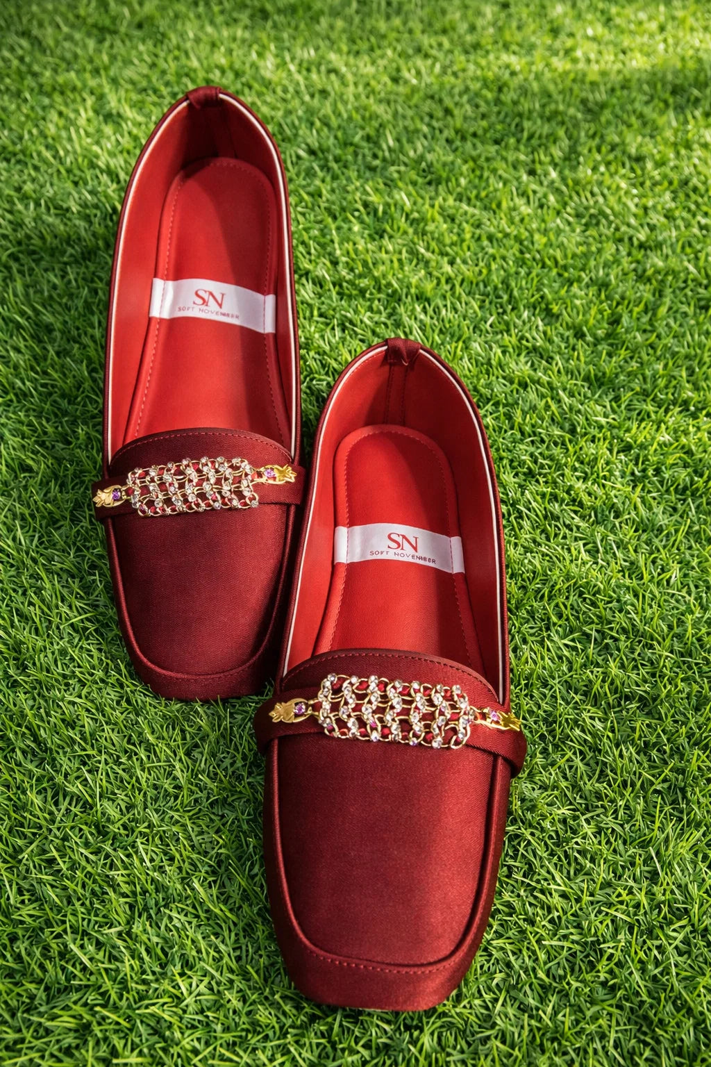 Satin Pointed-Toe Loafers with Gold Rhinestone Buckle