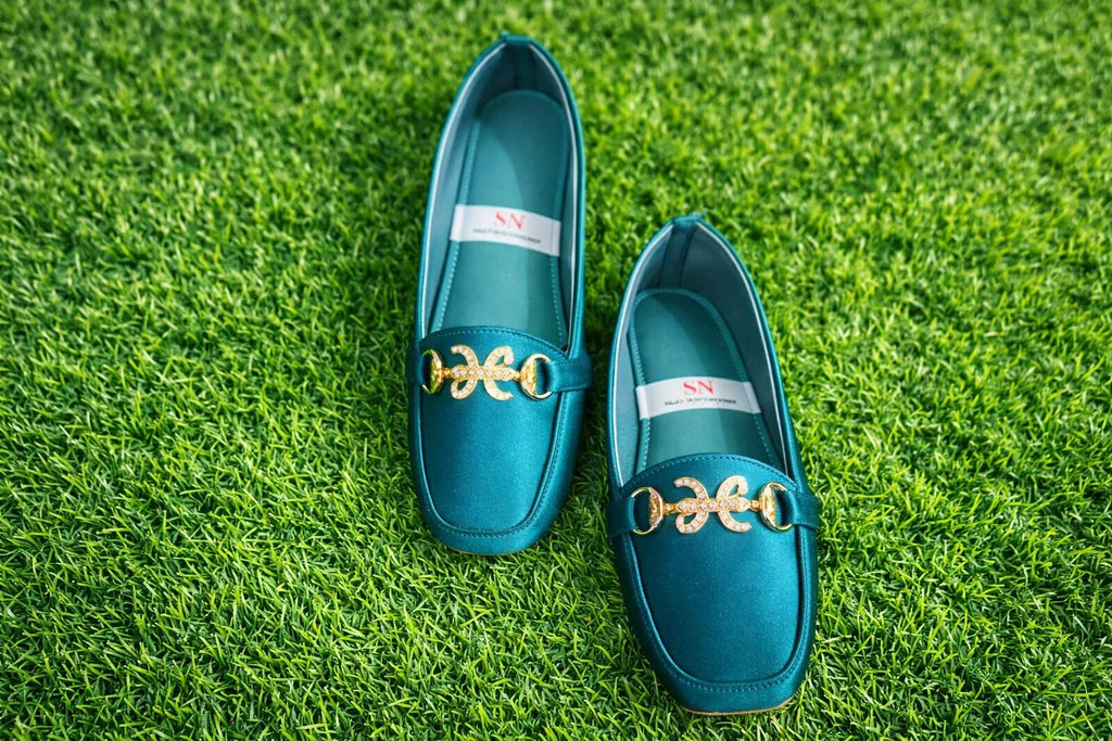 Pointed/Almond-Toe Slip-On Flats with Gold Rhinestone Buckle