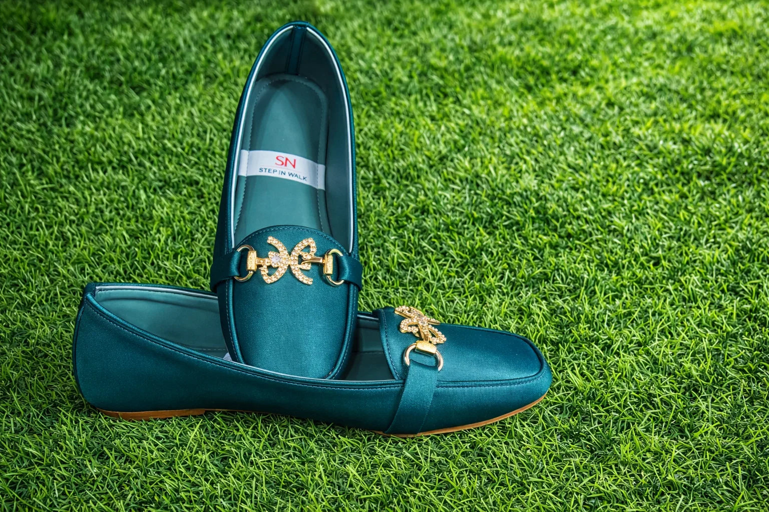 Pointed/Almond-Toe Slip-On Flats with Gold Rhinestone Buckle