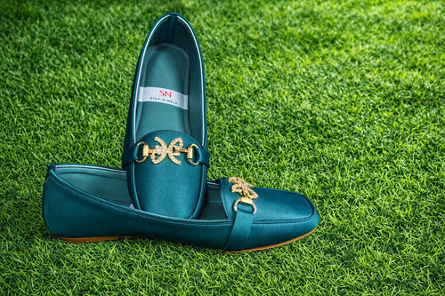 Pointed/Almond-Toe Slip-On Flats with Gold Rhinestone Buckle