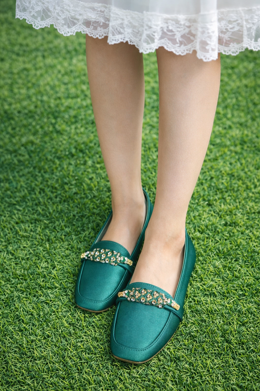 Pointed-Toe Slip-On Flats with Gold Rhinestone Buckle