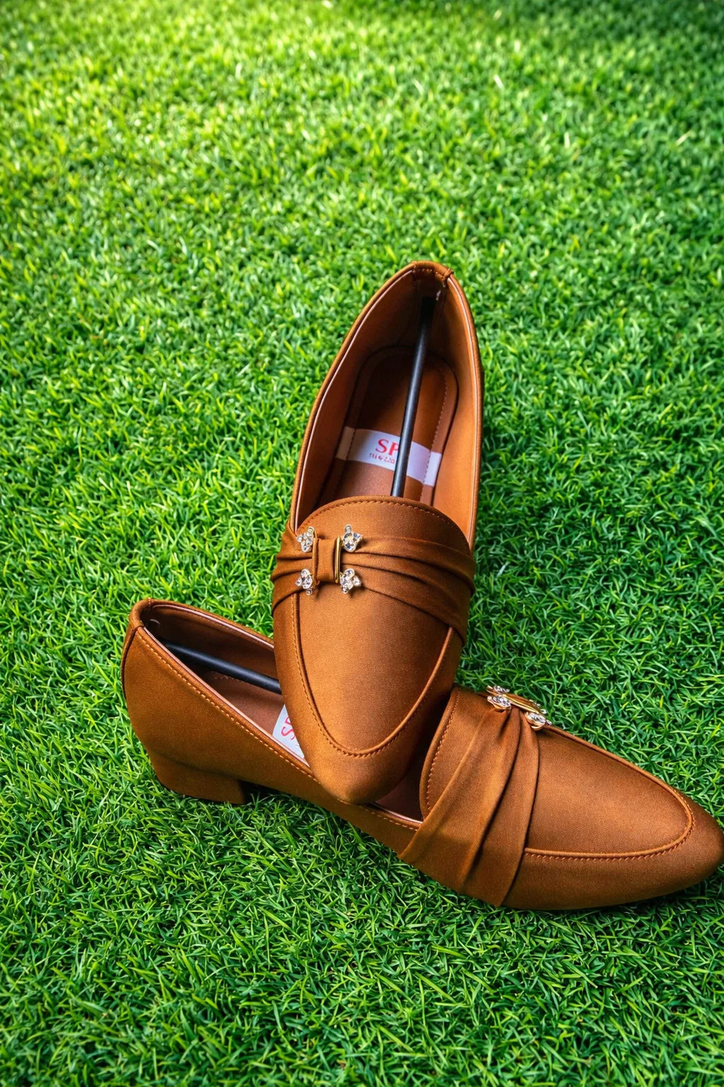 Copper Satin Pointed-Toe Loafers for Women