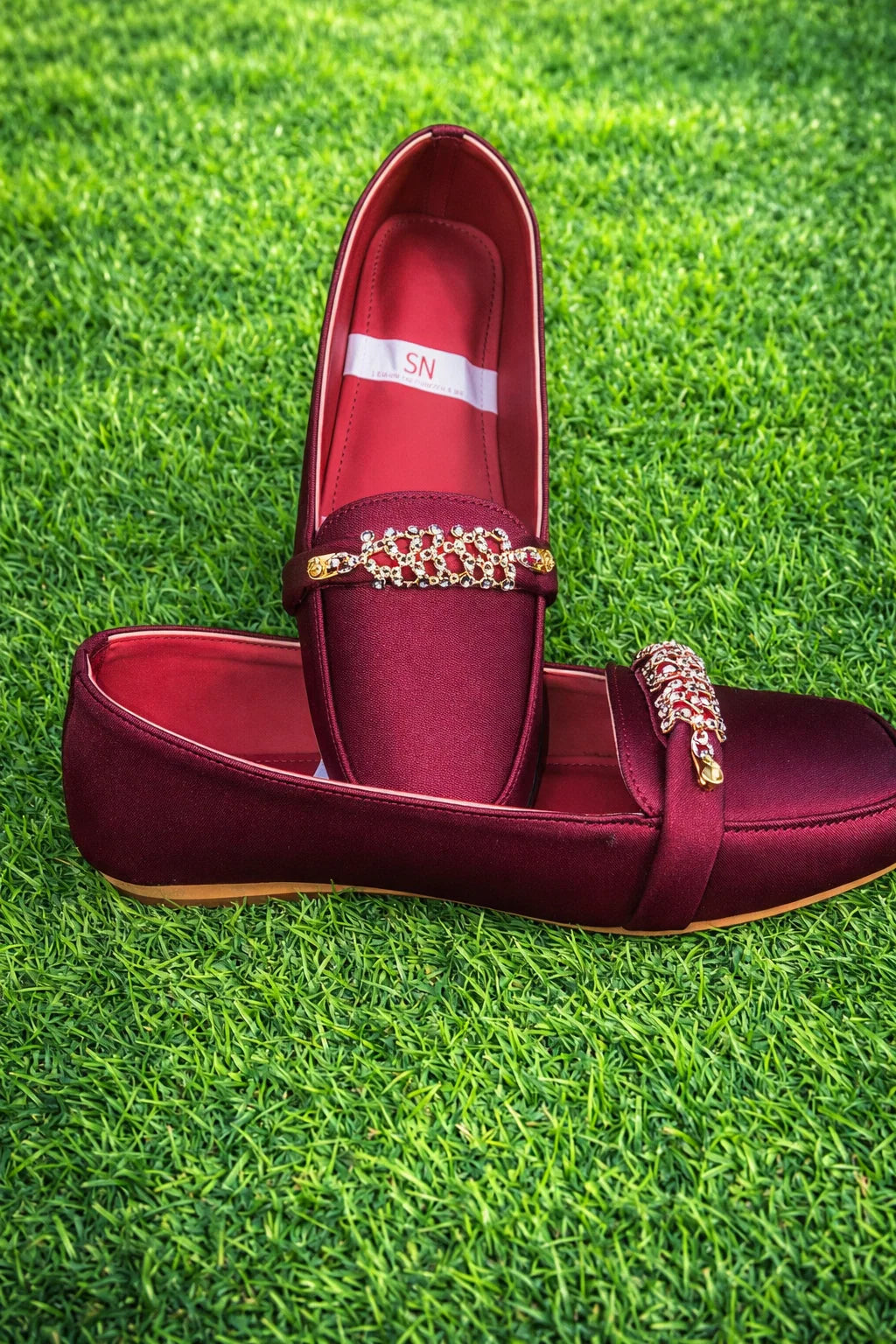 Satin Pointed-Toe Loafers with Gold Rhinestone Buckle