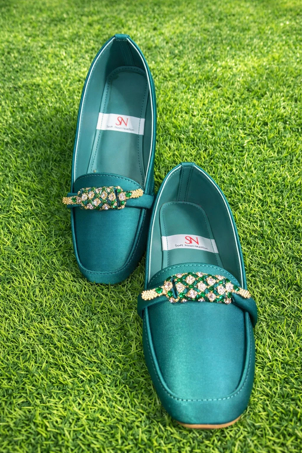 Pointed-Toe Slip-On Flats with Gold Rhinestone Buckle